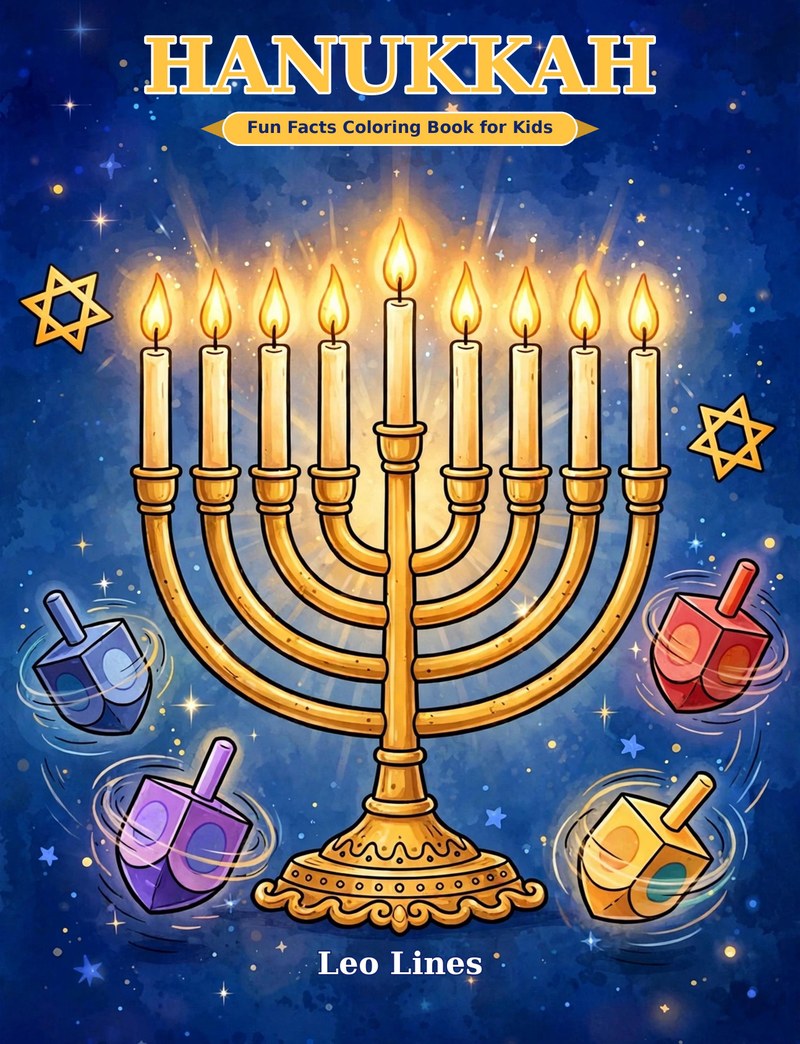 Cover of Hanukkah Fun Facts Coloring Book for Kids by Leo Lines